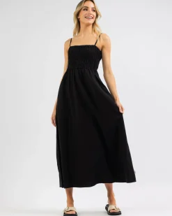 Linen Blend|Dresses*Rhythm Classic Shirred Midi Dress Black