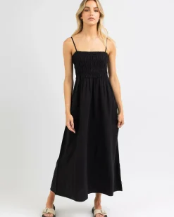 Linen Blend|Dresses*Rhythm Classic Shirred Midi Dress Black