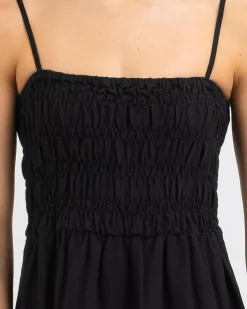 Linen Blend|Dresses*Rhythm Classic Shirred Midi Dress Black