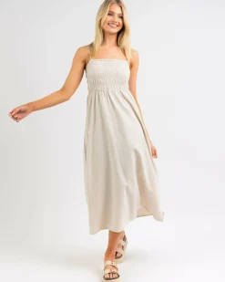 Sale Classic Shirred Midi Dress Women Linen Blend|Dresses
