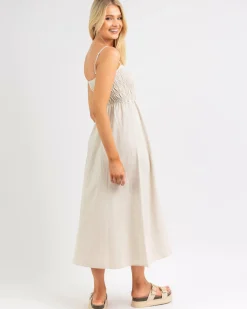 Sale Classic Shirred Midi Dress Women Linen Blend|Dresses