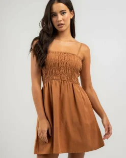 Linen Blend|Dresses*Rhythm Classic Shirred Mini Dress Caramel