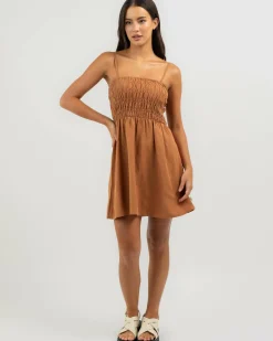 Linen Blend|Dresses*Rhythm Classic Shirred Mini Dress Caramel