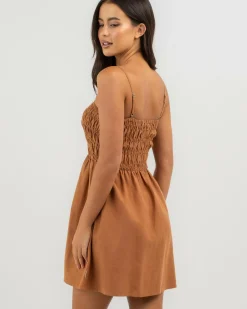 Linen Blend|Dresses*Rhythm Classic Shirred Mini Dress Caramel