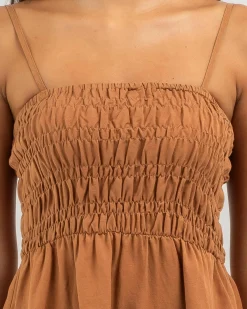 Linen Blend|Dresses*Rhythm Classic Shirred Mini Dress Caramel