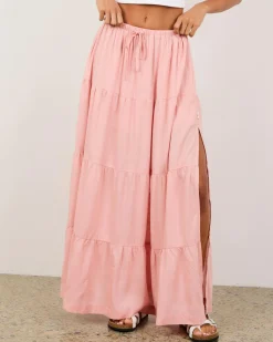 Linen Blend|Bottoms*Rhythm Classic Tiered Maxi Skirt Rose