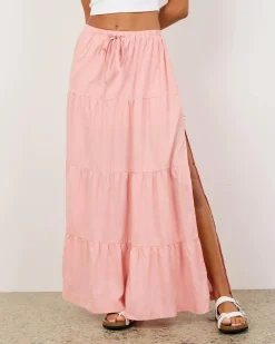 Linen Blend|Bottoms*Rhythm Classic Tiered Maxi Skirt Rose
