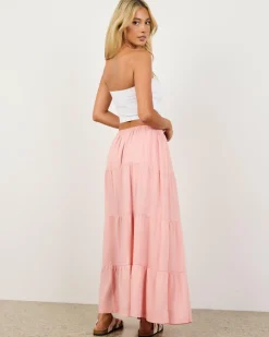 Linen Blend|Bottoms*Rhythm Classic Tiered Maxi Skirt Rose