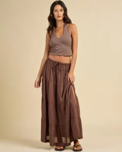 Linen Blend|Bottoms*Rhythm Classic Tiered Maxi Skirt Chocolate