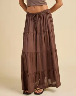 Linen Blend|Bottoms*Rhythm Classic Tiered Maxi Skirt Chocolate