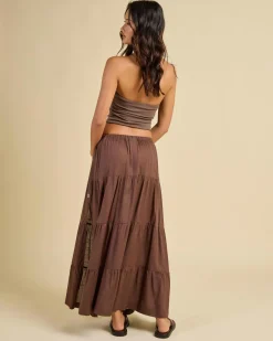 Linen Blend|Bottoms*Rhythm Classic Tiered Maxi Skirt Chocolate