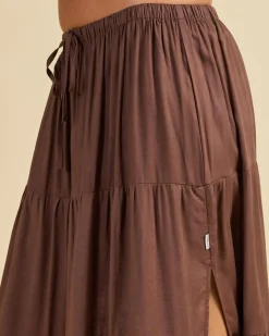 Linen Blend|Bottoms*Rhythm Classic Tiered Maxi Skirt Chocolate