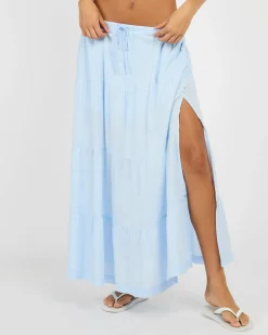 Linen Blend|Bottoms*Rhythm Classic Tiered Maxi Skirt Blue