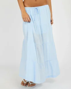Linen Blend|Bottoms*Rhythm Classic Tiered Maxi Skirt Blue