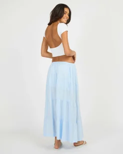 Linen Blend|Bottoms*Rhythm Classic Tiered Maxi Skirt Blue