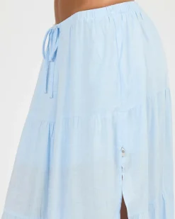 Linen Blend|Bottoms*Rhythm Classic Tiered Maxi Skirt Blue