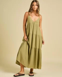 Linen Blend|Dresses*Rhythm Classic Tiered Midi Dress Olive