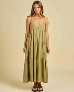 Linen Blend|Dresses*Rhythm Classic Tiered Midi Dress Olive