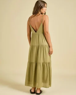 Linen Blend|Dresses*Rhythm Classic Tiered Midi Dress Olive