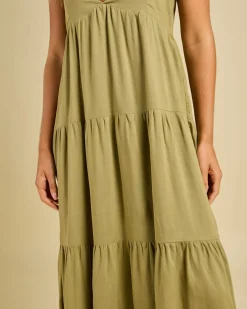 Linen Blend|Dresses*Rhythm Classic Tiered Midi Dress Olive