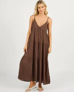 New Classic Tiered Midi Dress Women Linen Blend|Dresses