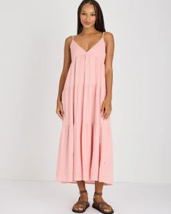 Linen Blend|Dresses*Rhythm Classic Tiered Midi Dress Rose