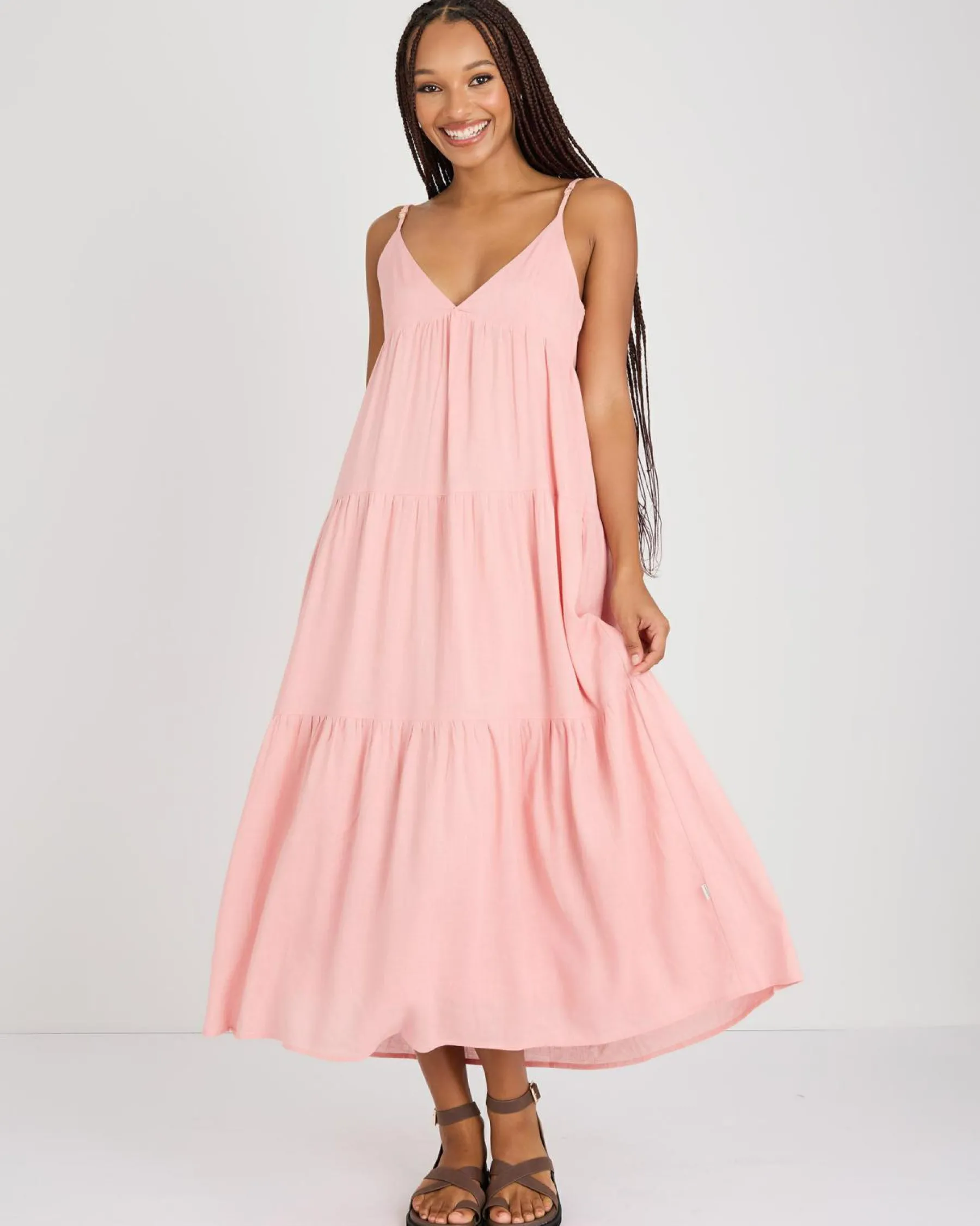 Linen Blend|Dresses*Rhythm Classic Tiered Midi Dress Rose