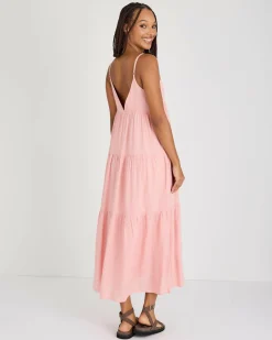 Linen Blend|Dresses*Rhythm Classic Tiered Midi Dress Rose