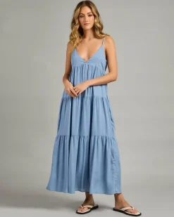 Linen Blend|Dresses*Rhythm Classic Tiered Midi Dress Steel Blue
