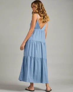 Linen Blend|Dresses*Rhythm Classic Tiered Midi Dress Steel Blue