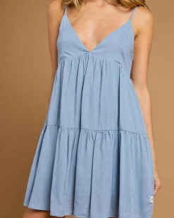 Linen Blend|Dresses*Rhythm Classic Tiered Mini Dress Steel Blue
