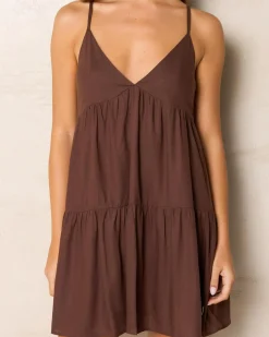 Linen Blend|Dresses*Rhythm Classic Tiered Mini Dress Chocolate