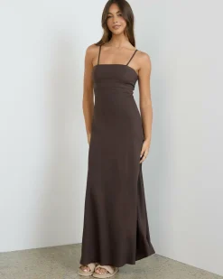 Linen Blend|Dresses*Mooloola Cleo Maxi Dress Chocolate