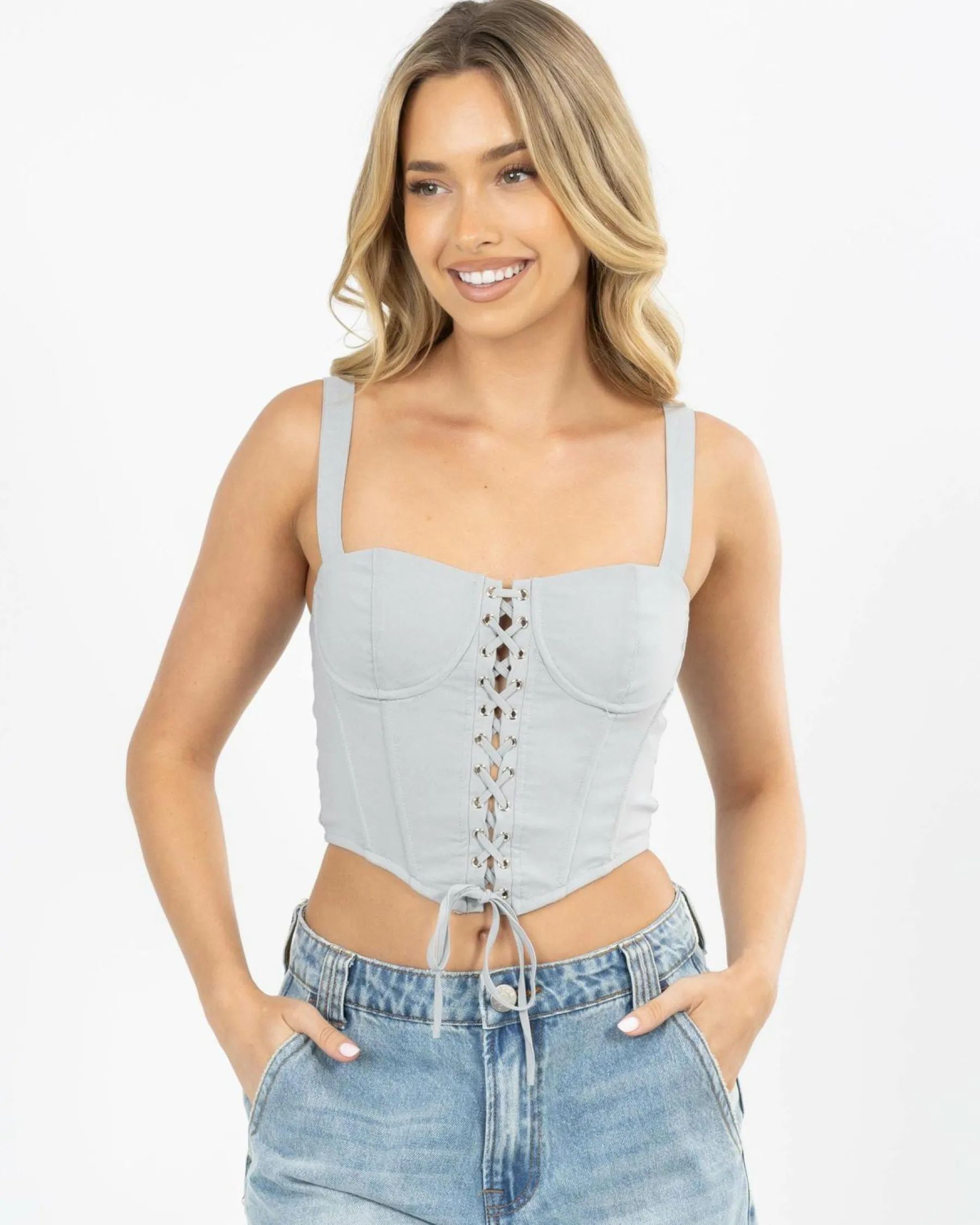 Tops*Ava And Ever Dolly Lace Up Top Grey