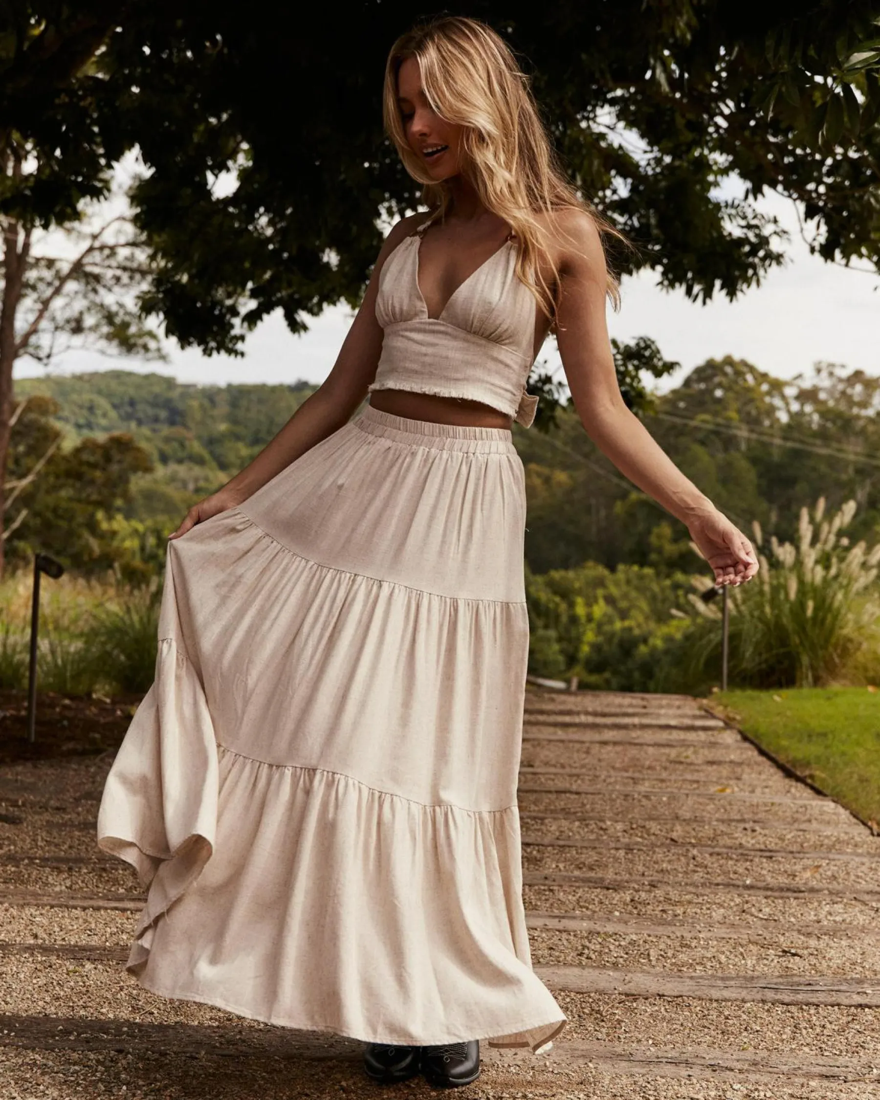 Sets|Linen Blend*Mooloola Dusk Hawaii Maxi Skirt Natural Salt & Pepper