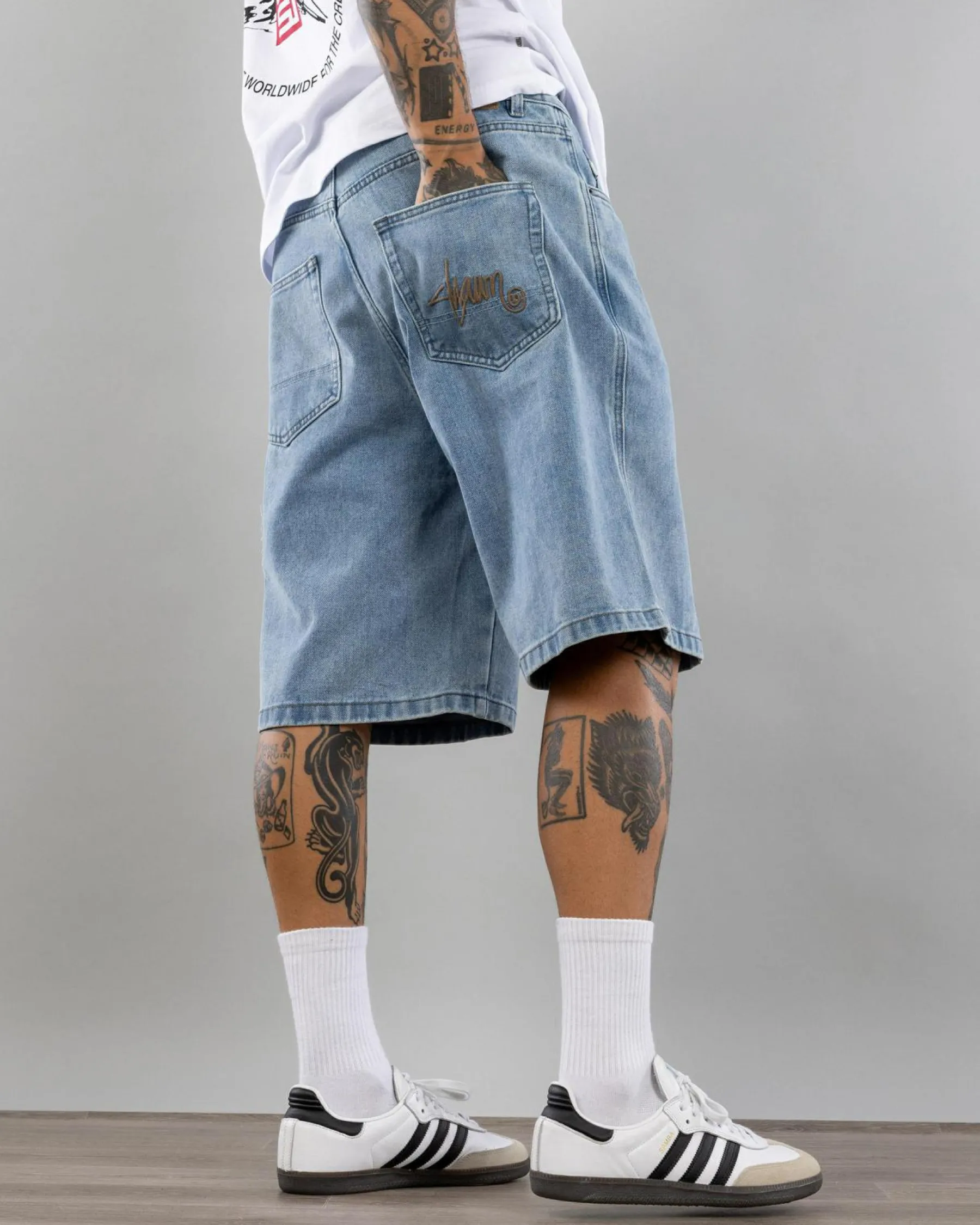 Denim|Shorts & Bottoms*S-Double Embroidered Denim Shorts Fade Wash
