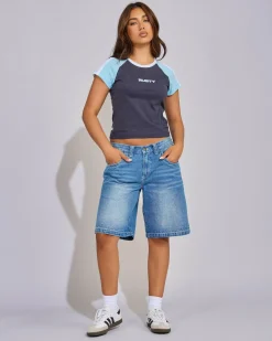 Denim|Bottoms*Rusty Flip Mommy Denim Shorts Blasted Middy Blue / Blue