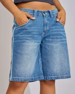 Denim|Bottoms*Rusty Flip Mommy Denim Shorts Blasted Middy Blue / Blue