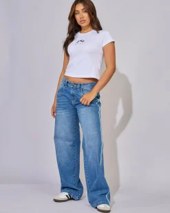 Bottoms*Rusty Flip Mommy Low Rise Wide Leg Denim Jeans Blasted Middy Blue / Blue