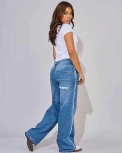 Bottoms*Rusty Flip Mommy Low Rise Wide Leg Denim Jeans Blasted Middy Blue / Blue