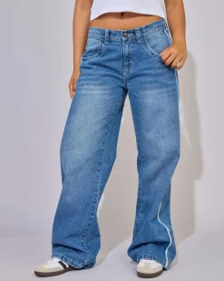 Bottoms*Rusty Flip Mommy Low Rise Wide Leg Denim Jeans Blasted Middy Blue / Blue