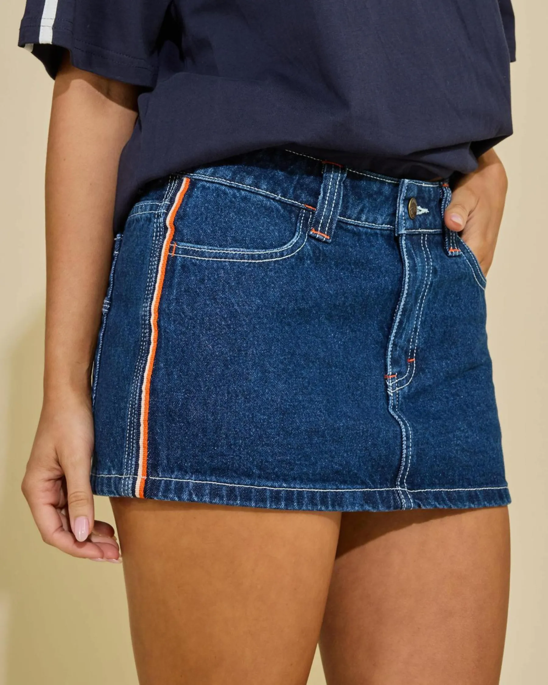 Denim|Bottoms*Rusty Flip Mommy Mini Denim Skirt Deep Sea Blue / Orange
