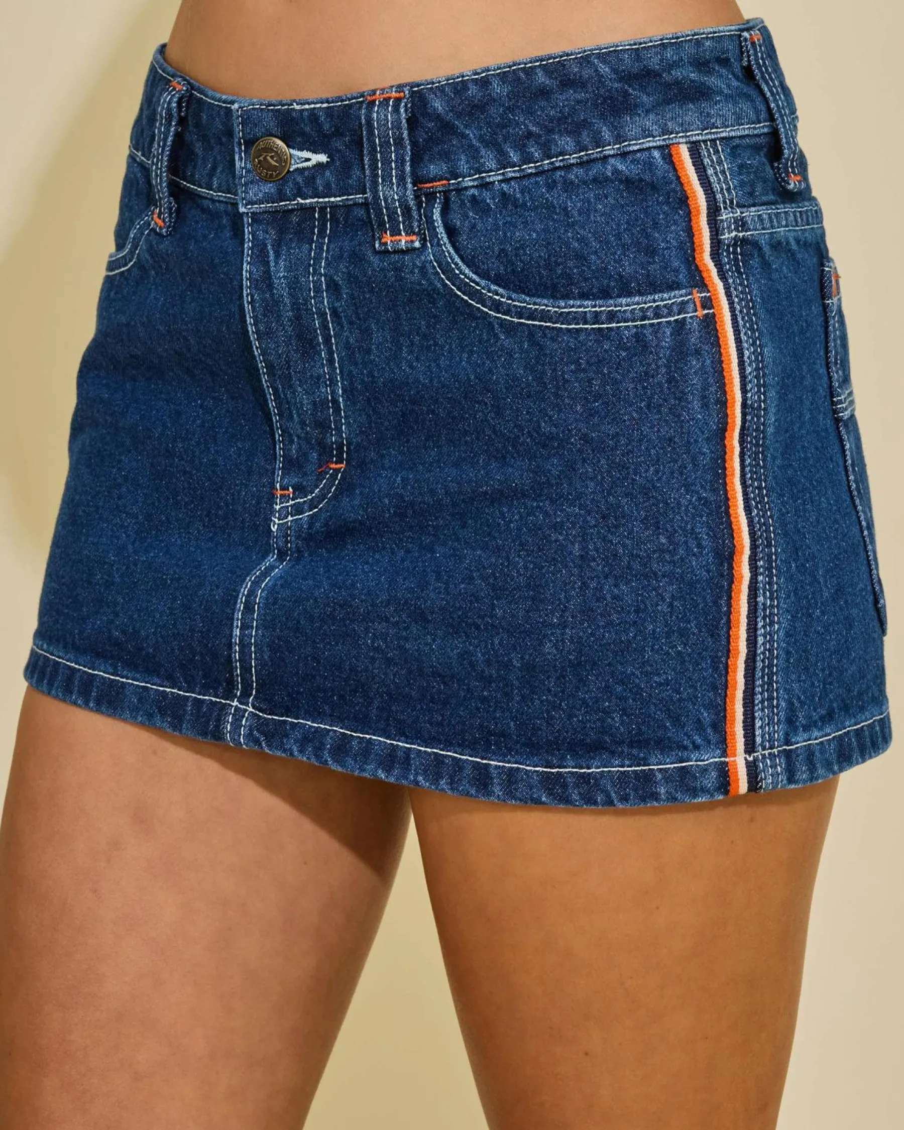 Denim|Bottoms*Rusty Flip Mommy Mini Denim Skirt Deep Sea Blue / Orange