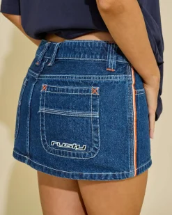 Denim|Bottoms*Rusty Flip Mommy Mini Denim Skirt Deep Sea Blue / Orange