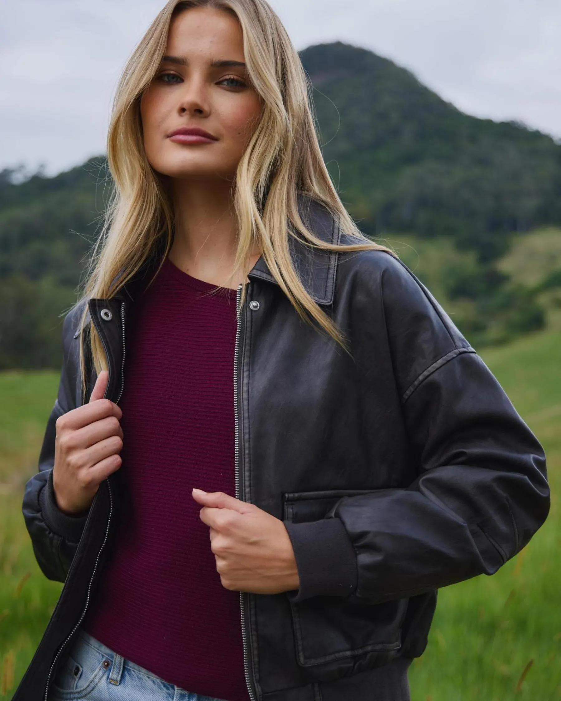 Online Garage Faux Leather Bomber Jacket Women Jackets & Coats