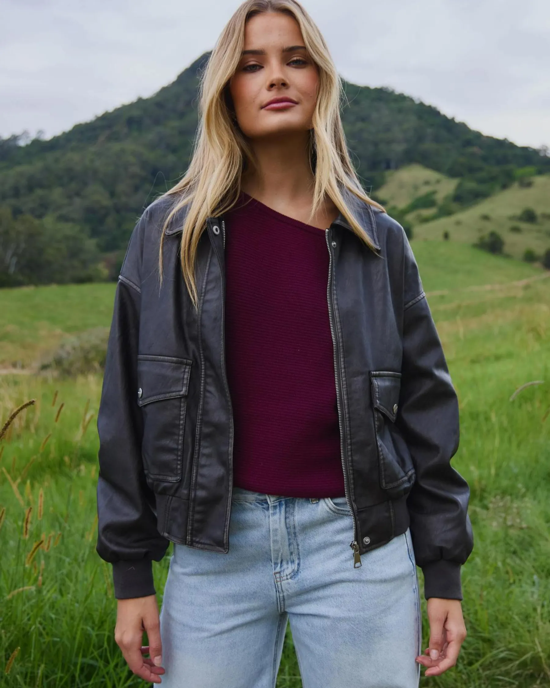 Online Garage Faux Leather Bomber Jacket Women Jackets & Coats
