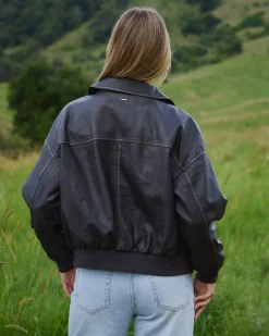 Online Garage Faux Leather Bomber Jacket Women Jackets & Coats