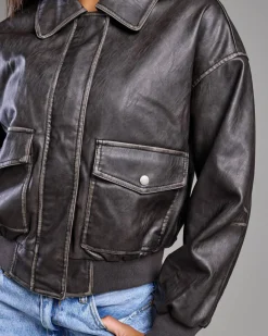 Online Garage Faux Leather Bomber Jacket Women Jackets & Coats