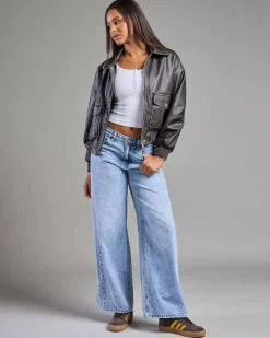 Online Garage Faux Leather Bomber Jacket Women Jackets & Coats