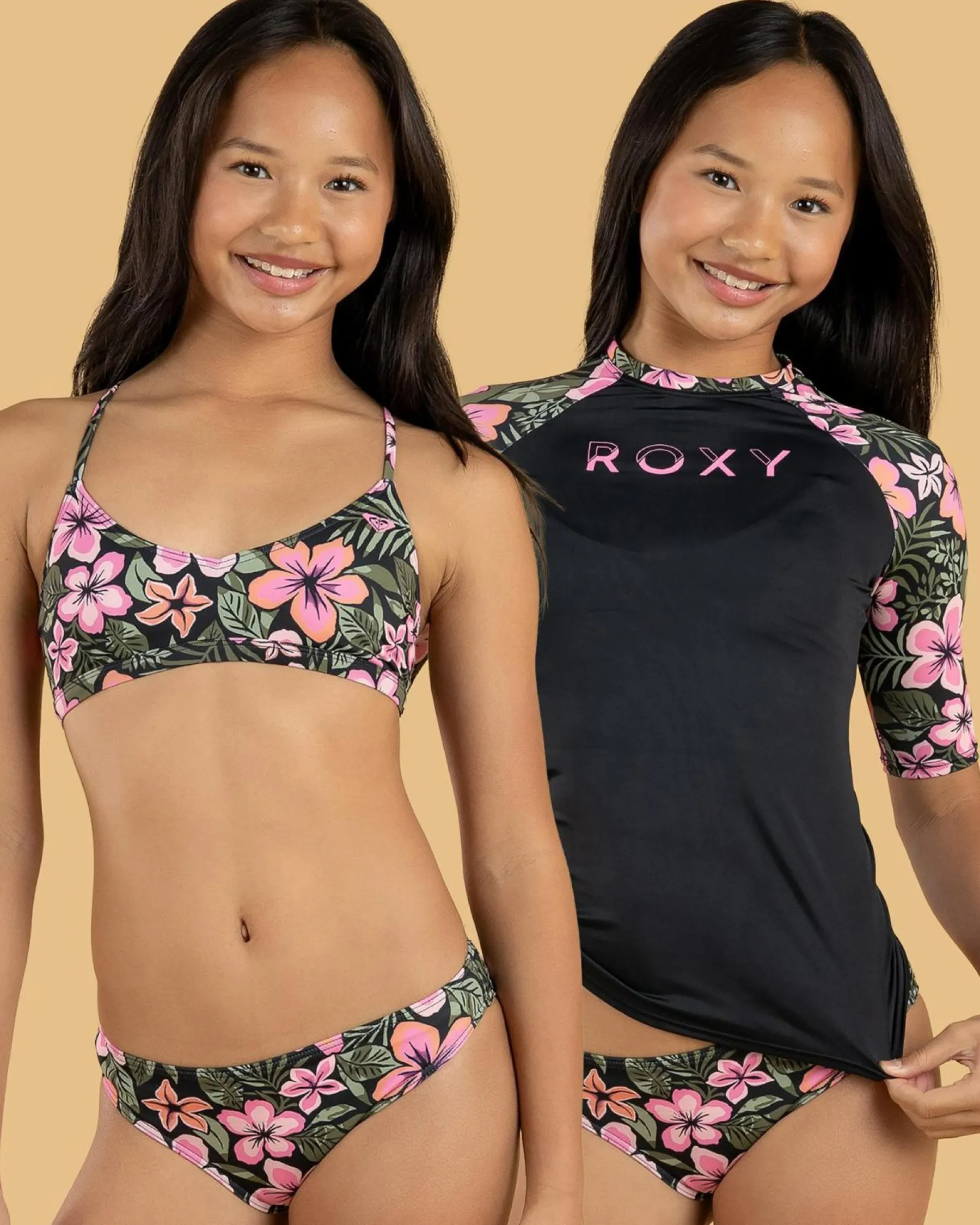 Rash Vests*Roxy Girls' Active Floral Rash Vest Set Anthracite Fearless Floral